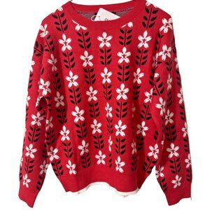 Zesica Red With White Flowers Sweater Size Small NWT